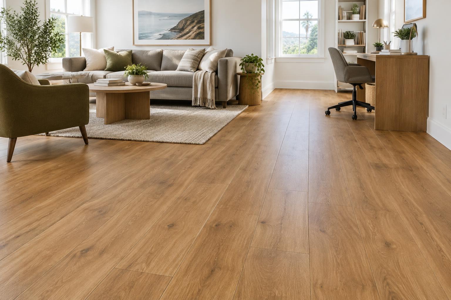 AI illustration of honey oak-look laminate in a living room
