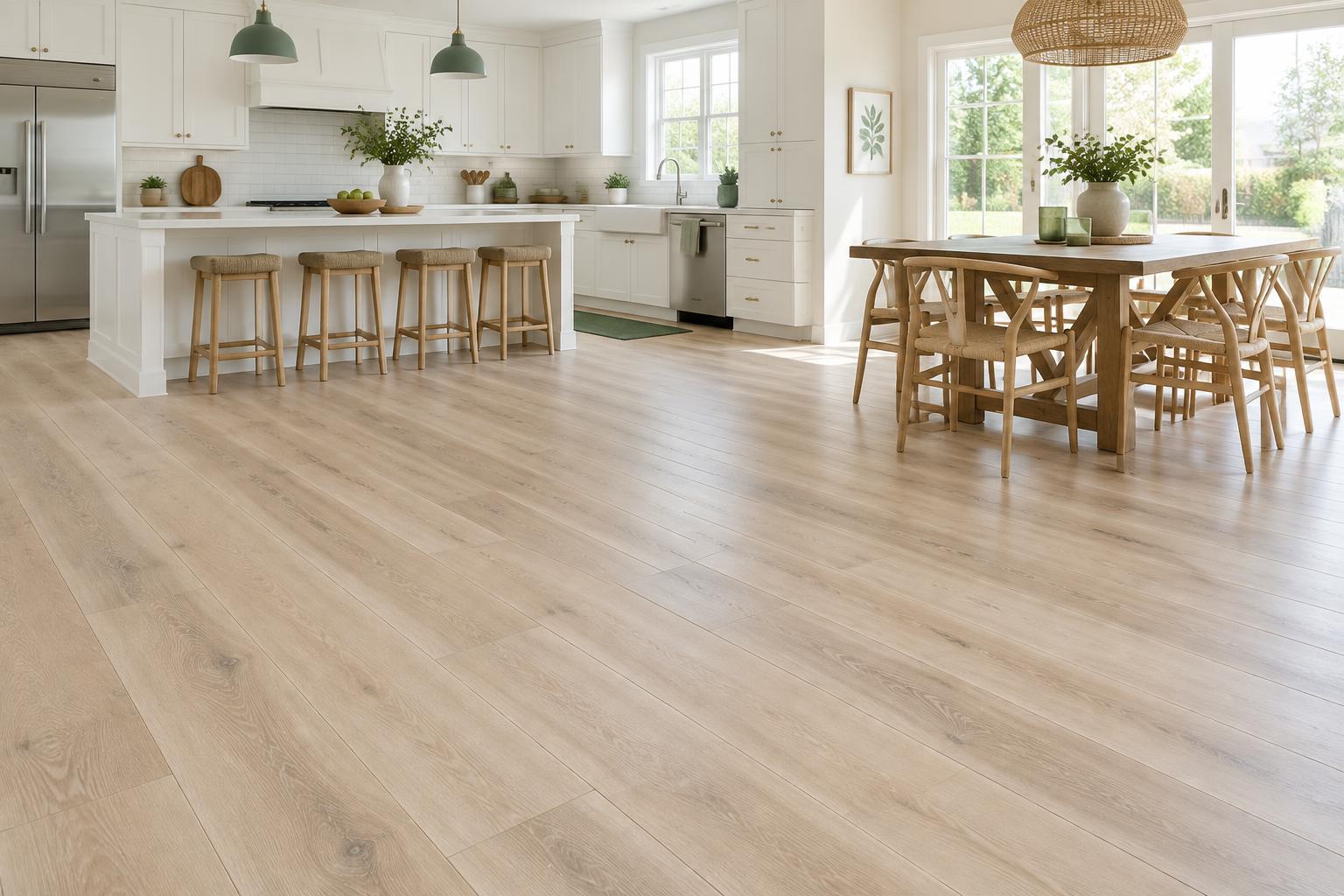 AI illustration of pale oak-look luxury vinyl plank in a bright kitchen
